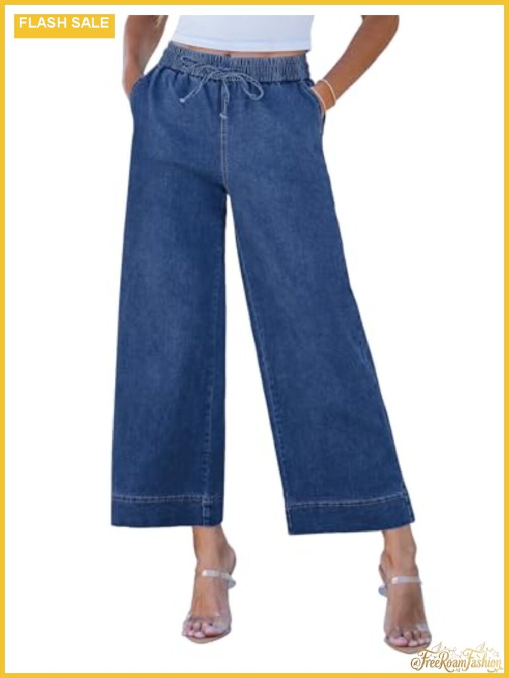 High Waisted Wide Leg Cropped Pull On Jeans with Pockets